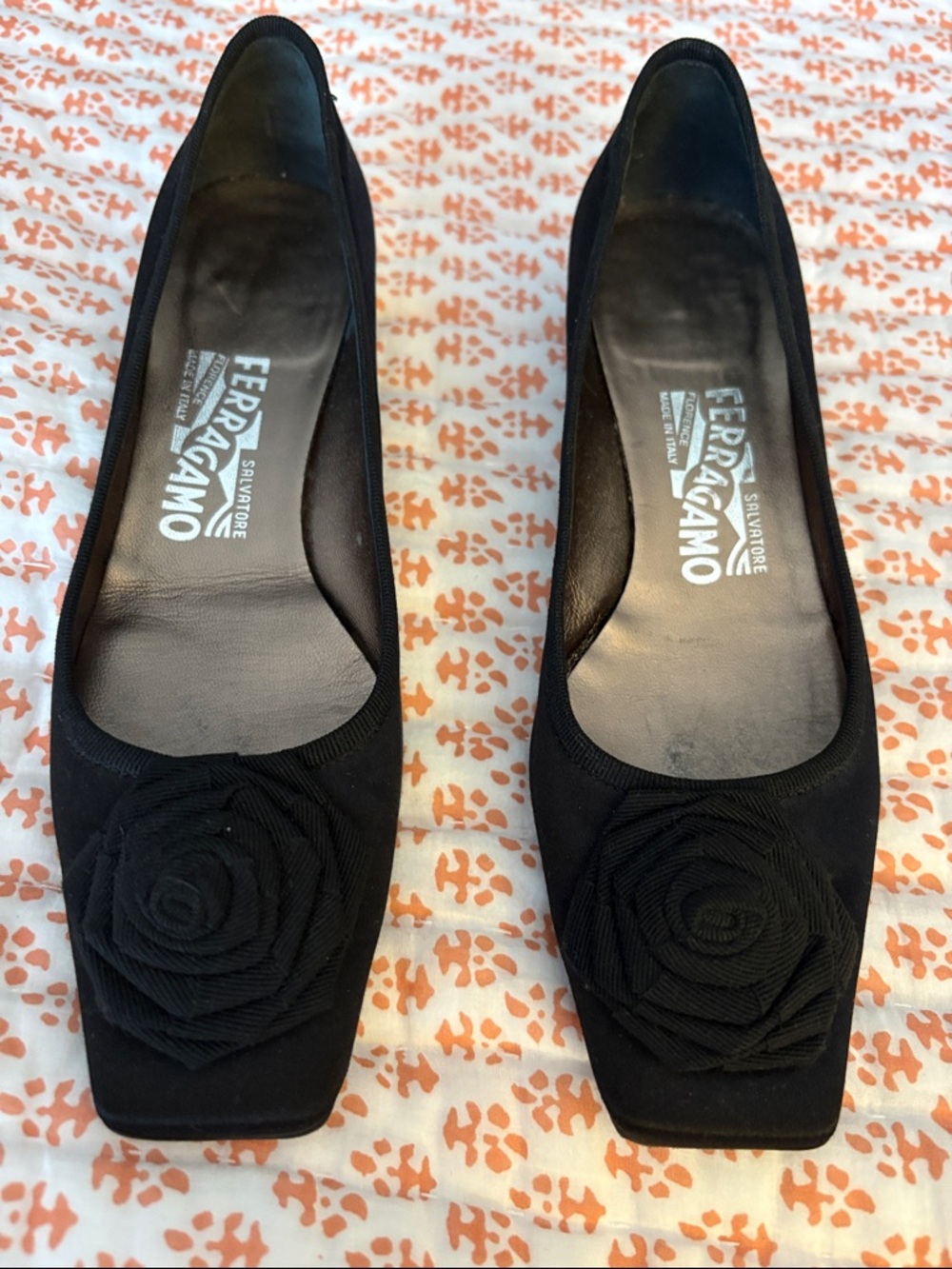 Salvatore Ferragamo Black Floral Rosette Flats